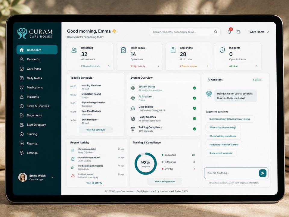 Curam Care Homes, Staff system & AI integration